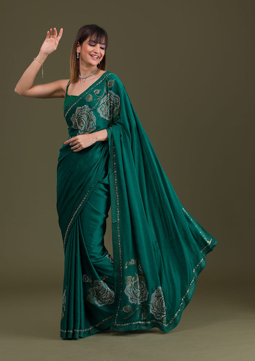 Bottle Green Stonework Satin Designer Saree
