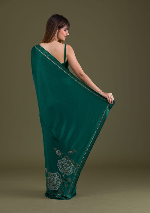 Bottle Green Stonework Satin Designer Saree