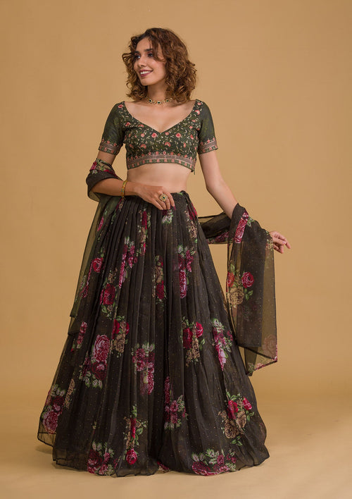 Bottle Green Swarovski Tissue Semi Stitched Lehenga