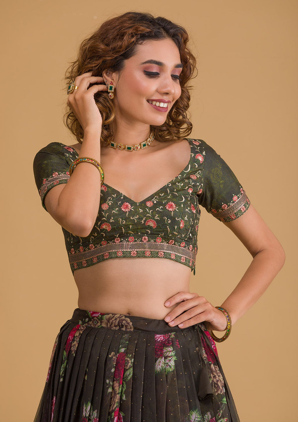 Bottle Green Swarovski Tissue Semi Stitched Lehenga