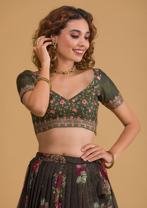 Bottle Green Swarovski Tissue Semi Stitched Lehenga