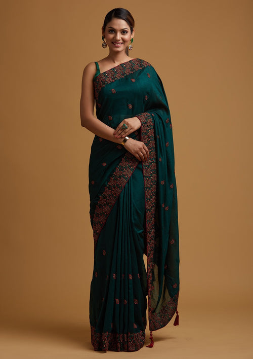Bottle Green Threadwork Raw Silk Saree