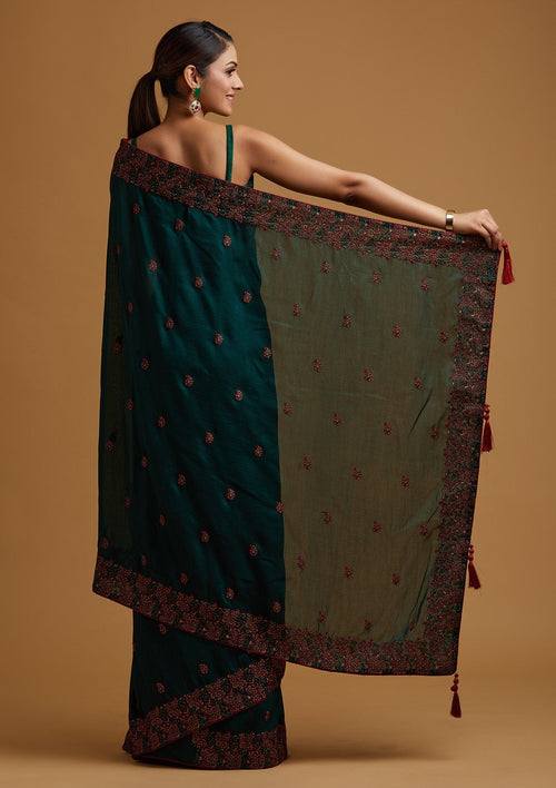 Bottle Green Threadwork Raw Silk Saree