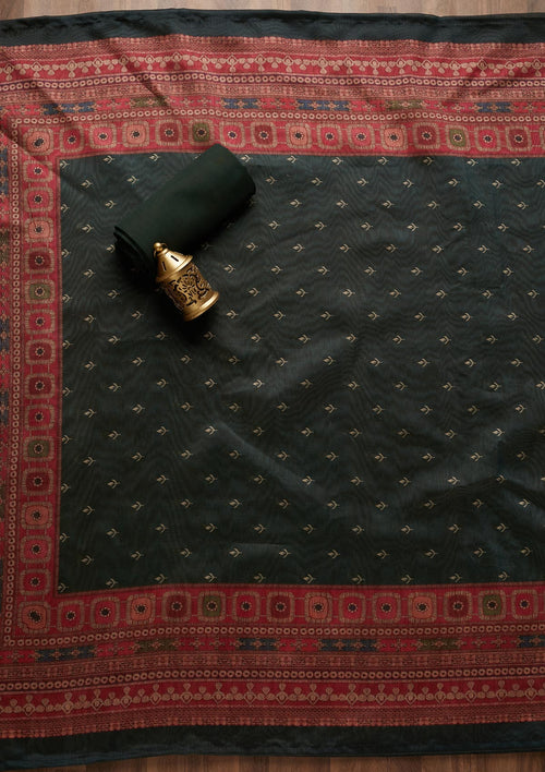 Bottle Green Threadwork Chanderi Unstitched Salwar Suit
