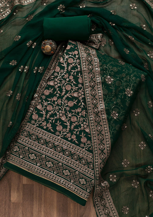 Bottle Green Threadwork Georgette Unstitched Salwar Suit