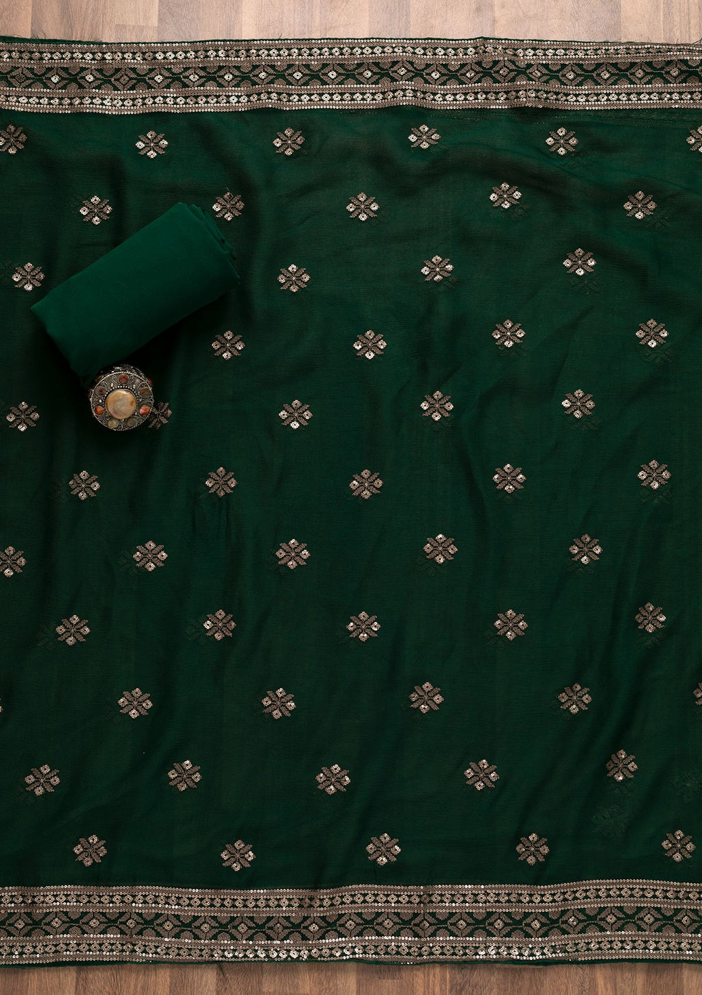 Bottle Green Threadwork Georgette Unstitched Salwar Suit