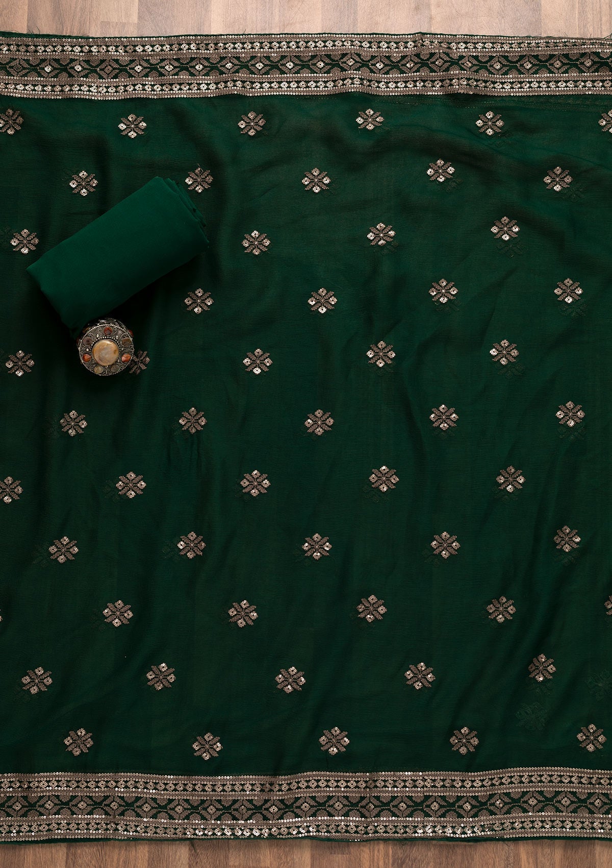 Bottle Green Threadwork Georgette Unstitched Salwar Suit