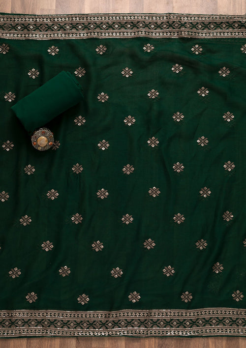 Bottle Green Threadwork Georgette Unstitched Salwar Suit