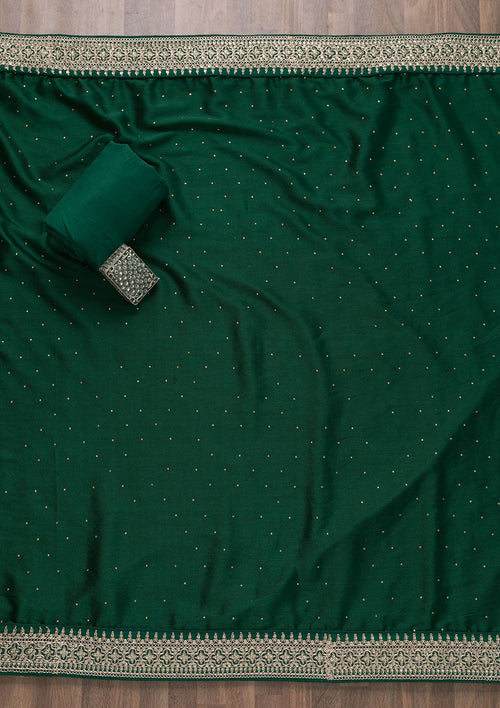 Bottle Green Zariwork Raw Silk Semi Stitched Salwar Suit