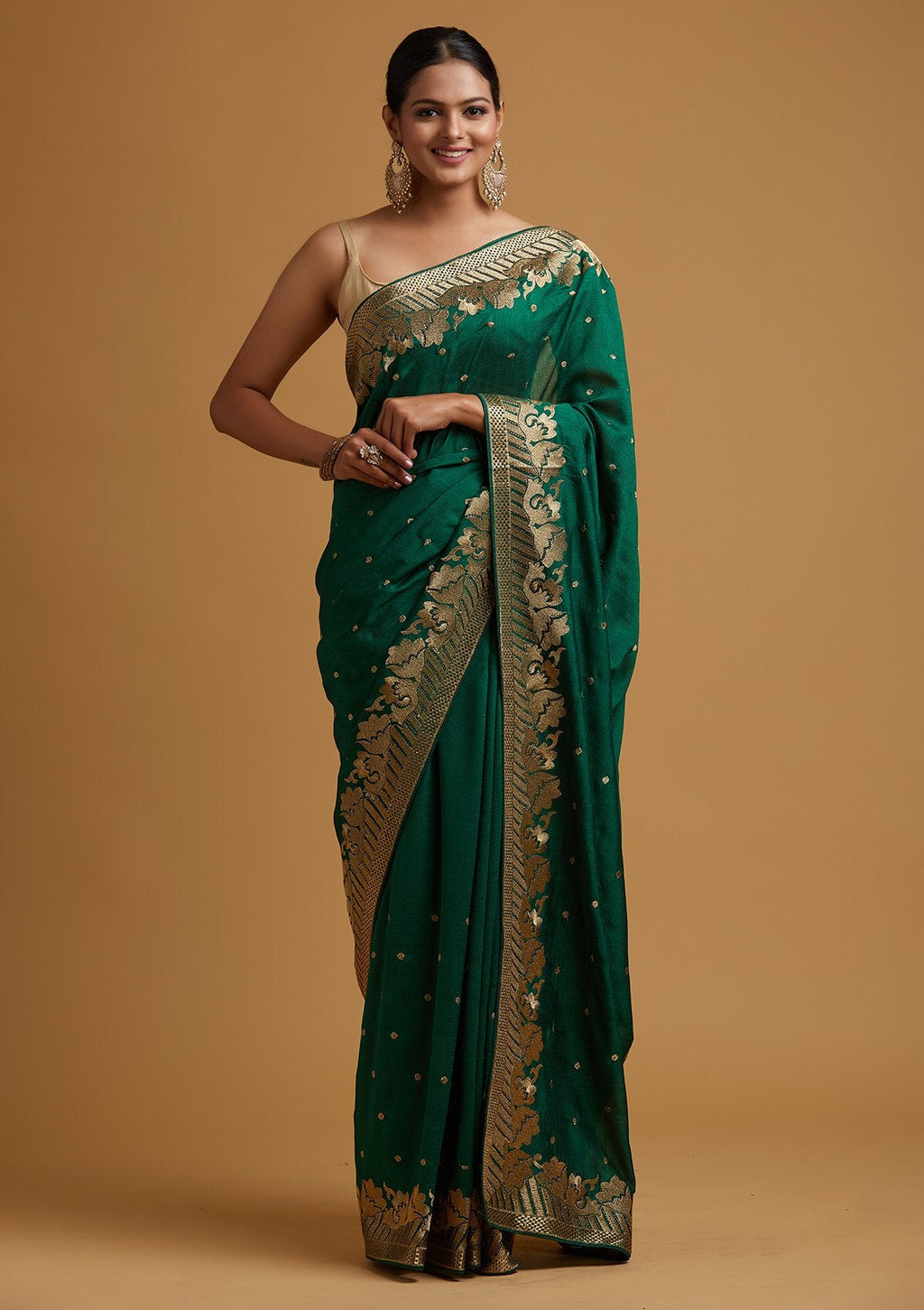 Bottle Green Zari Work Raw Silk Saree