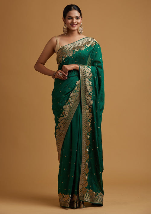 Bottle Green Zari Work Raw Silk Saree