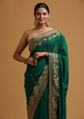 Bottle Green Zari Work Raw Silk Saree
