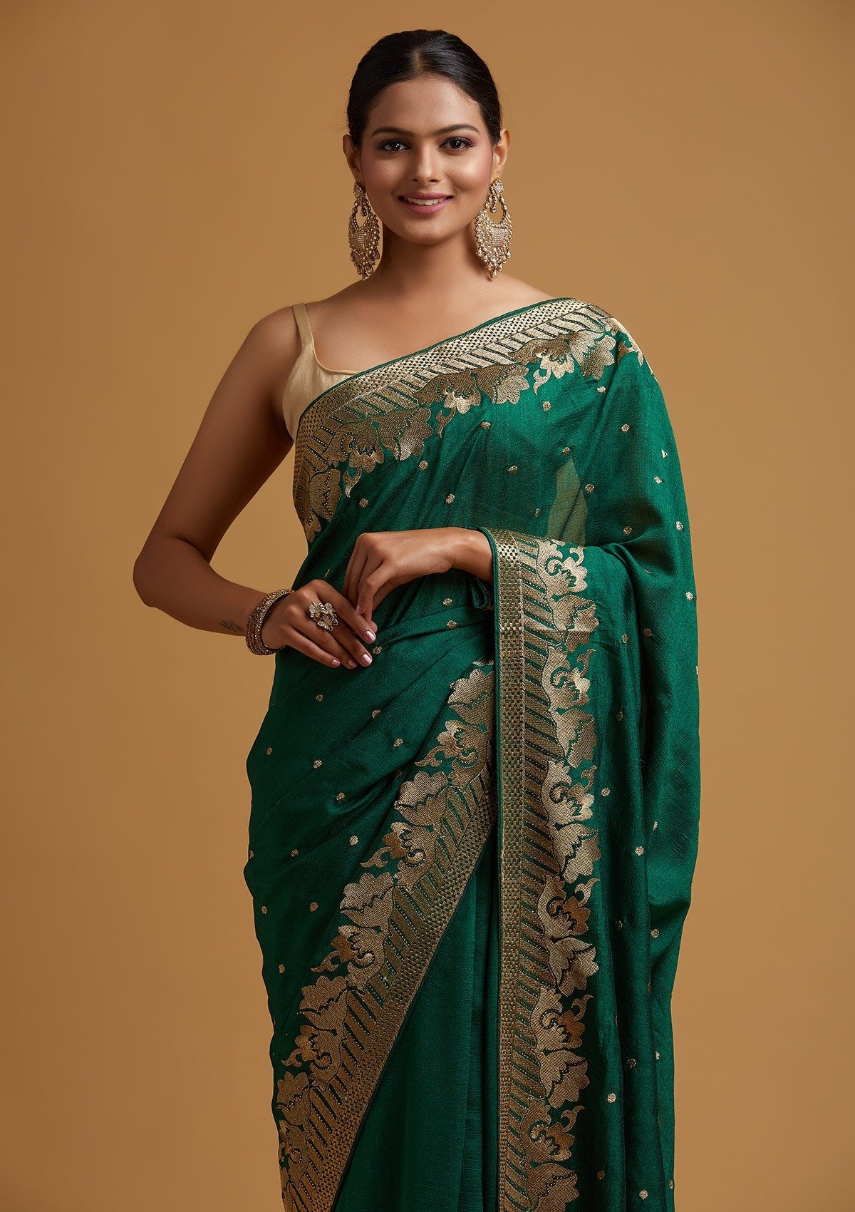 Bottle Green Zari Work Raw Silk Saree