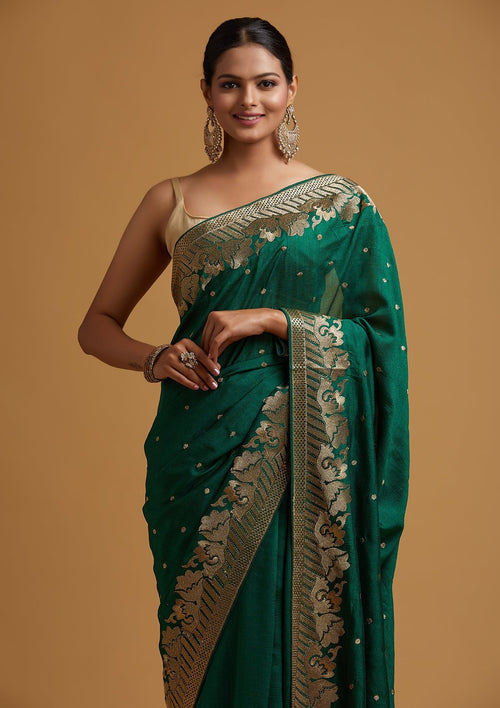 Bottle Green Zari Work Raw Silk Saree