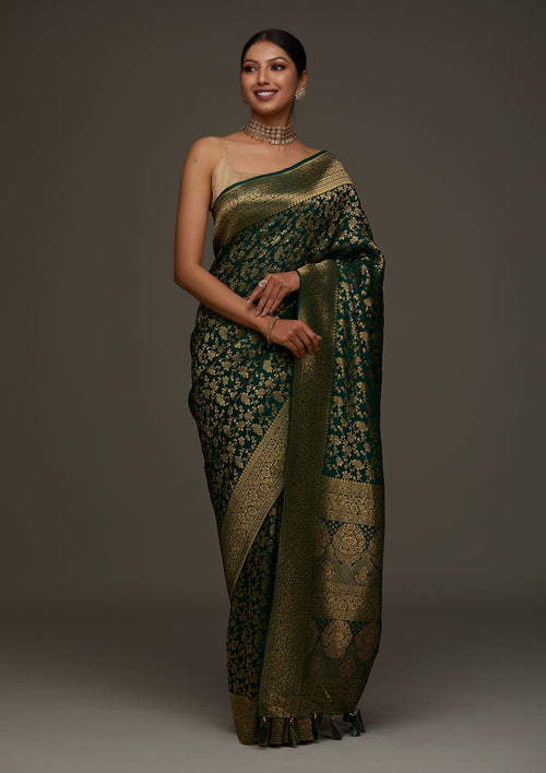 Bottle Green Zari Work Banarasi Saree