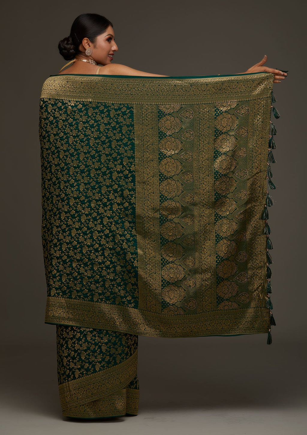 Bottle Green Zari Work Banarasi Saree