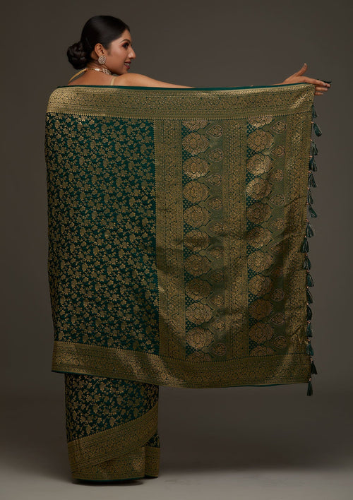 Bottle Green Zari Work Banarasi Saree