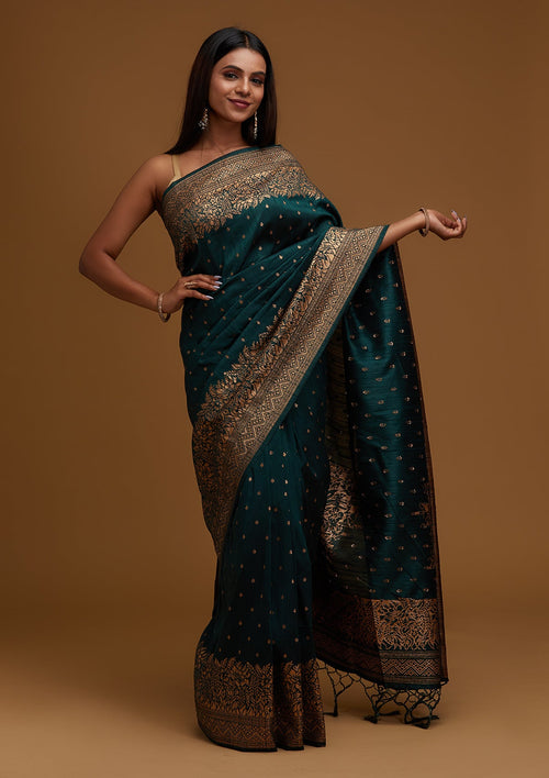 Bottle Green Zari Work Banarasi  Saree