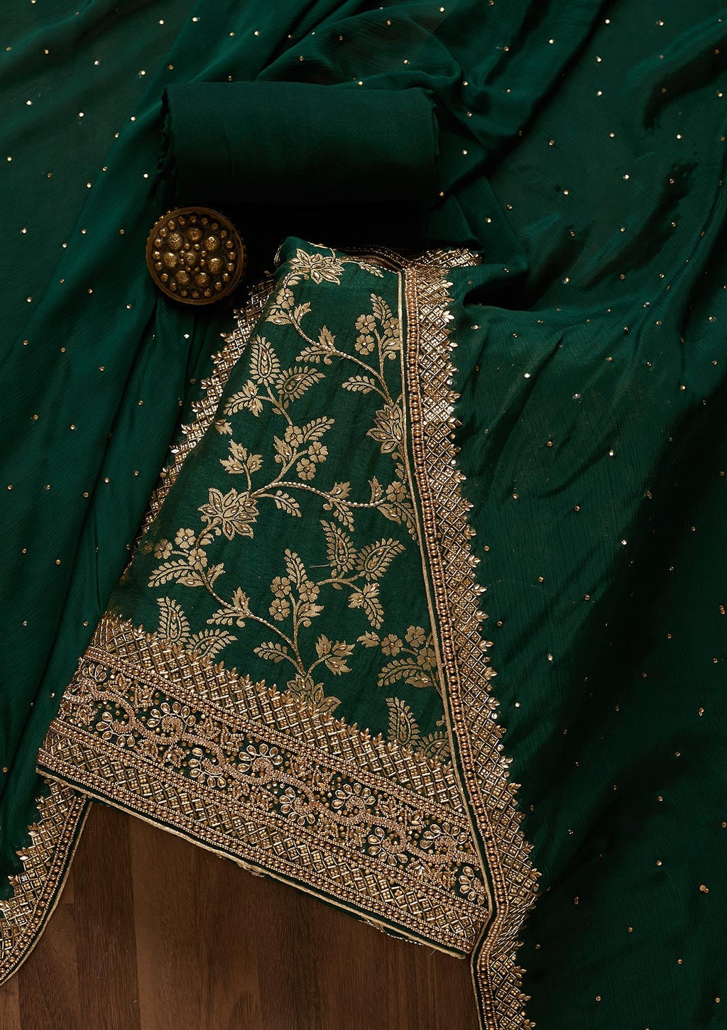 Bottle Green Zariwork Chanderi Unstitched Salwar Suit