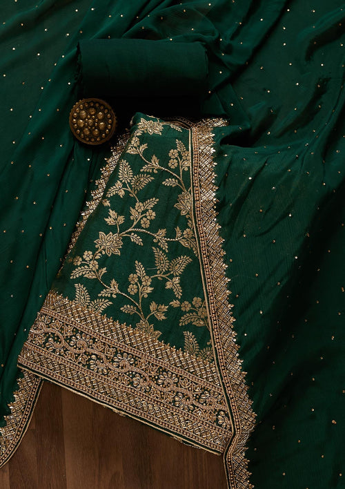 Bottle Green Zariwork Chanderi Unstitched Salwar Suit