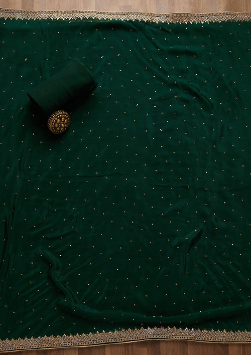 Bottle Green Zariwork Chanderi Unstitched Salwar Suit