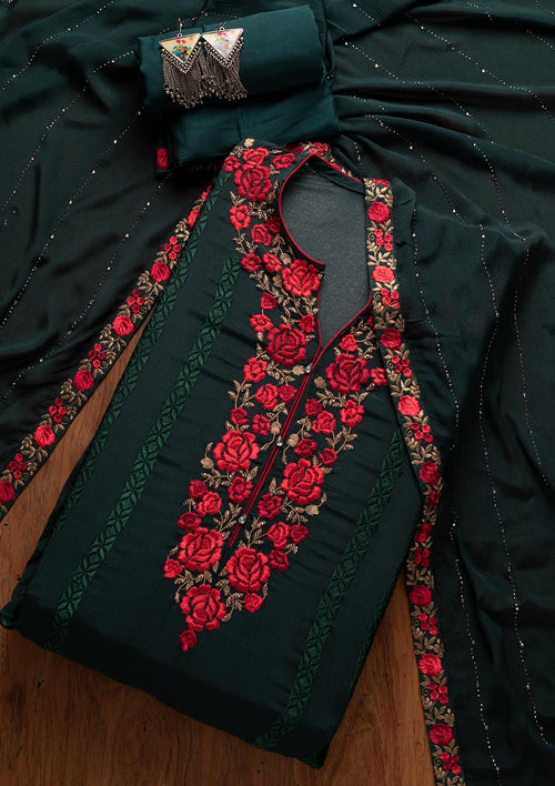 Bottle Green Threadwork Georgette Semi-Stitched Salwar Suit