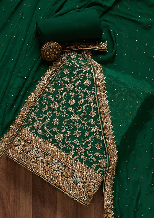 Bottle Green Zariwork Semi Crepe Unstitched Salwar Suit