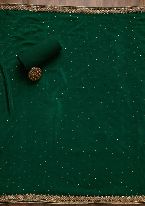 Bottle Green Zariwork Semi Crepe Unstitched Salwar Suit