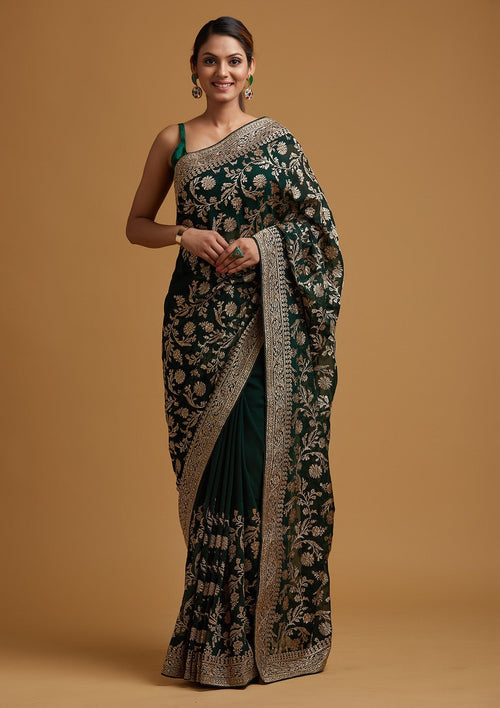 Bottle Green Zariwork Georgette Designer Saree