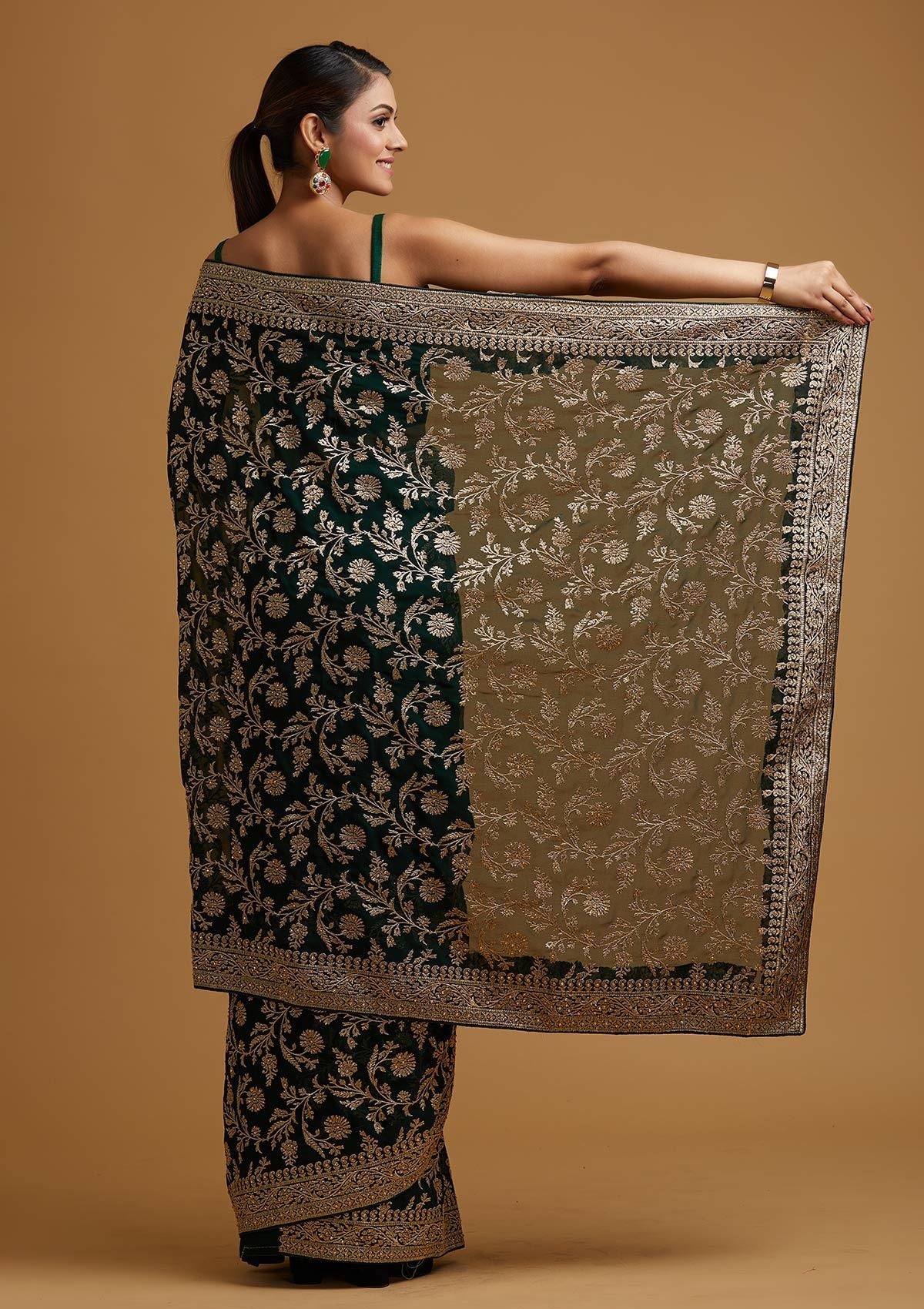 Bottle Green Zariwork Georgette Designer Saree