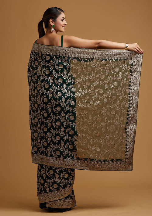 Bottle Green Zariwork Georgette Designer Saree
