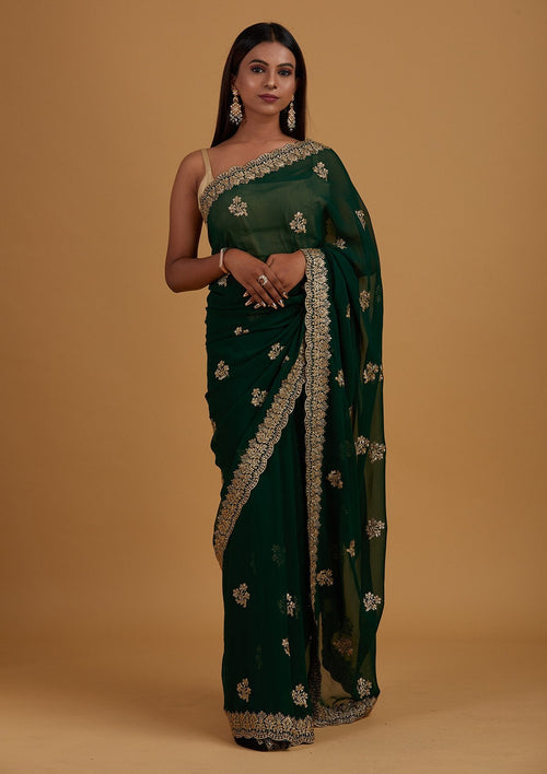 Bottle Green Zariwork Georgette Designer Saree