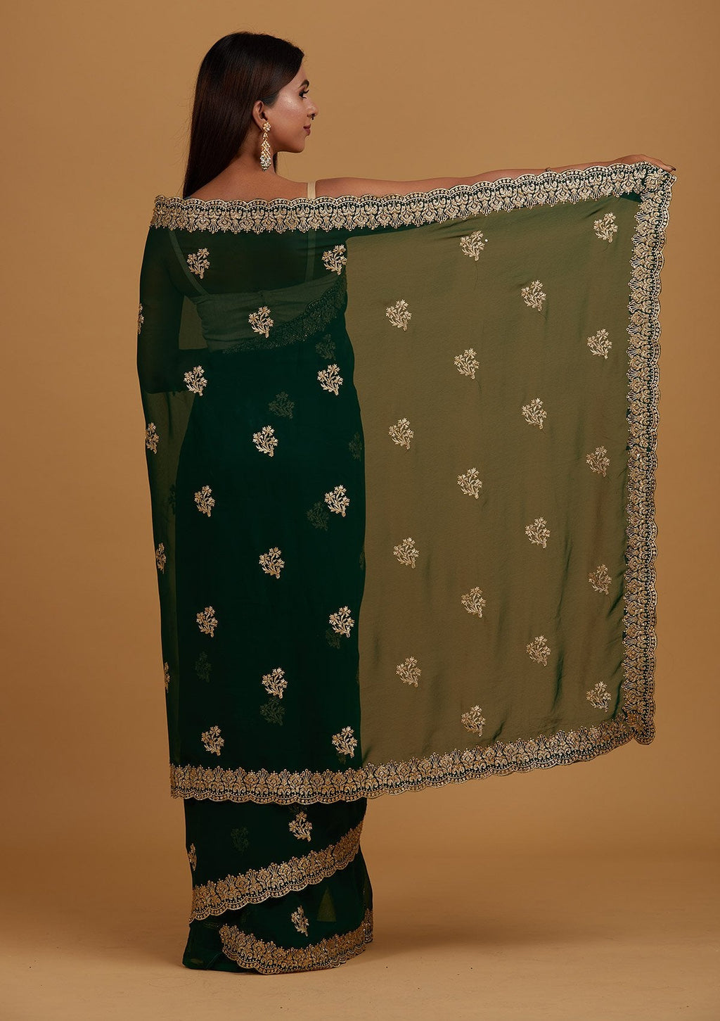 Bottle Green Zariwork Georgette Designer Saree