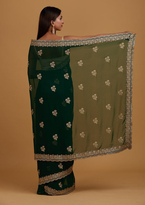 Bottle Green Zariwork Georgette Designer Saree