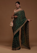 Bottle Green Zari Work Raw Silk Saree