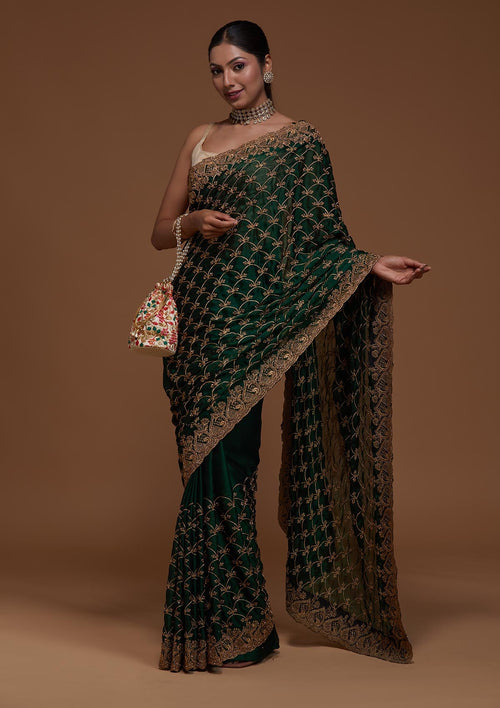Bottle Green Zari Work Raw Silk Saree