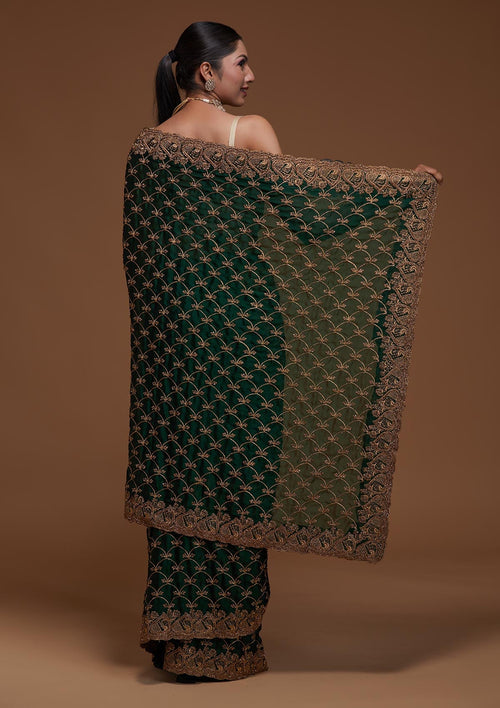 Bottle Green Zari Work Raw Silk Saree