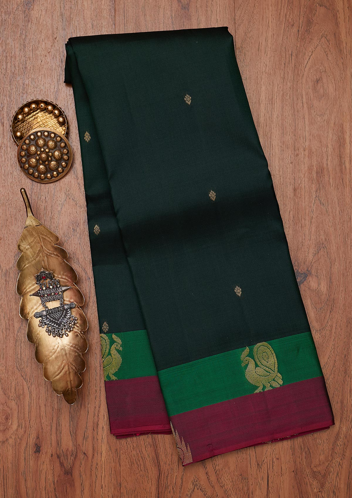 Bottle Green Zariwork Pure Silk Unstitched Saree