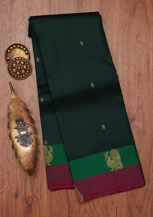 Bottle Green Zariwork Pure Silk Unstitched Saree