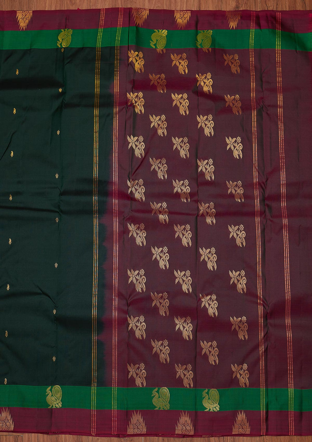 Bottle Green Zariwork Pure Silk Unstitched Saree