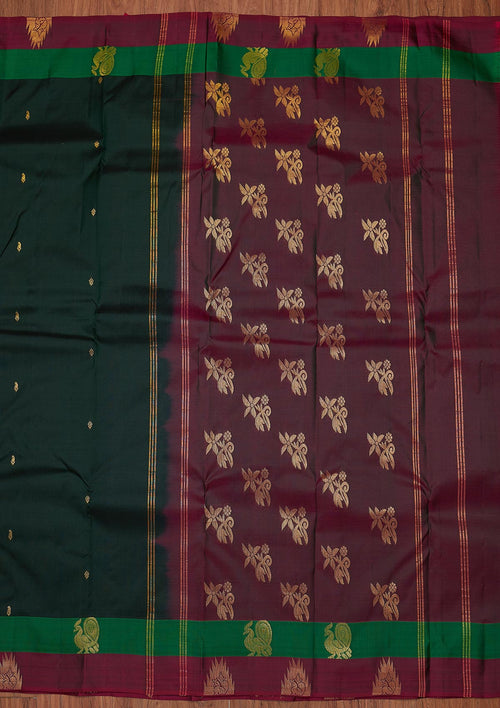 Bottle Green Zariwork Pure Silk Unstitched Saree