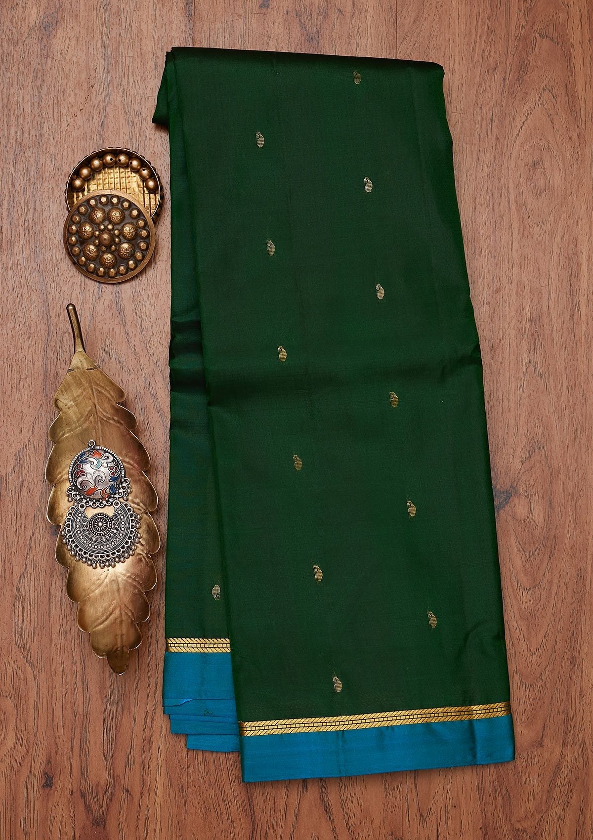 Bottle Green Zariwork Pure Silk Unstitched Saree