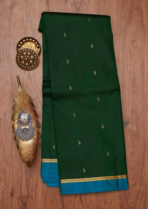 Bottle Green Zariwork Pure Silk Unstitched Saree