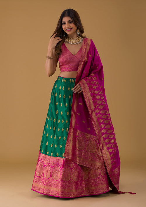 Bottle Green Zariwork Banarasi Semi Stitched Lehenga