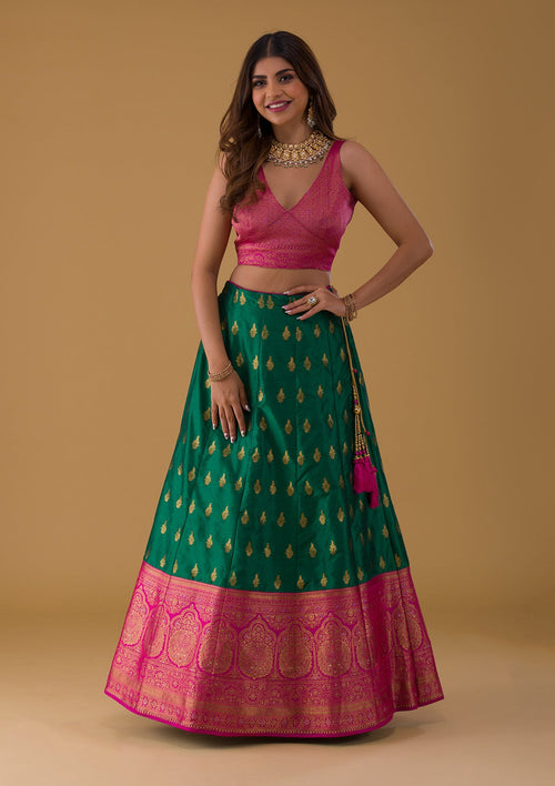 Bottle Green Zariwork Banarasi Semi Stitched Lehenga