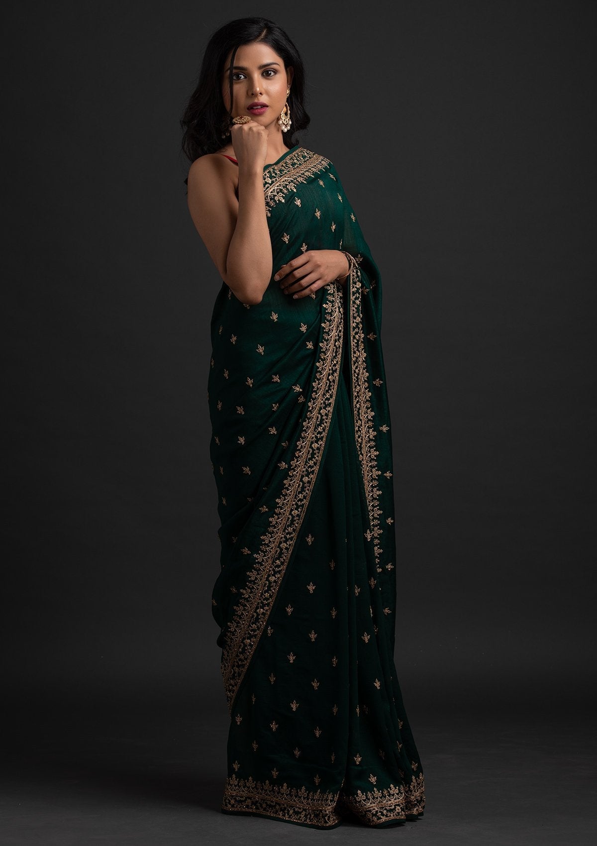 Bottle Green Zari Work Raw Silk Saree