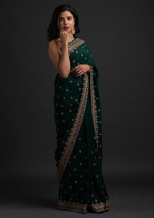 Bottle Green Zari Work Raw Silk Saree