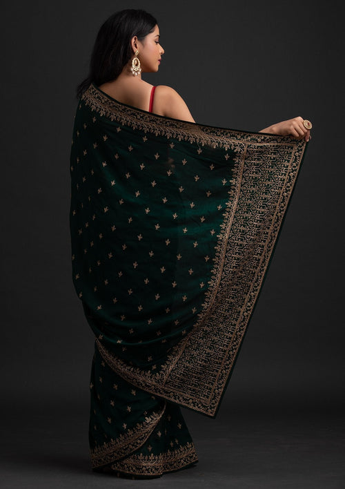 Bottle Green Zari Work Raw Silk Saree