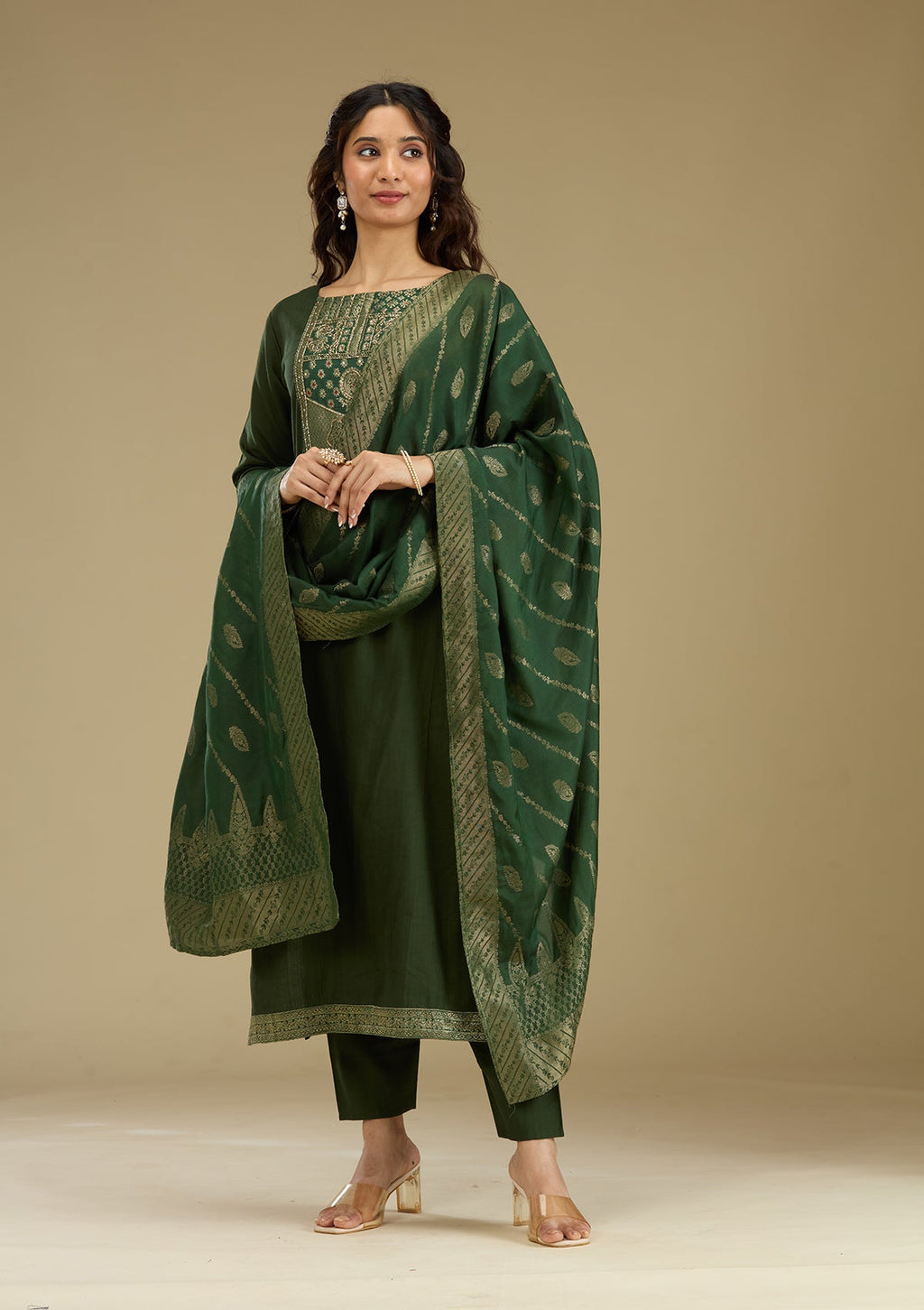 Bottle Green Zariwork Semi Crepe Readymade Salwar Suit