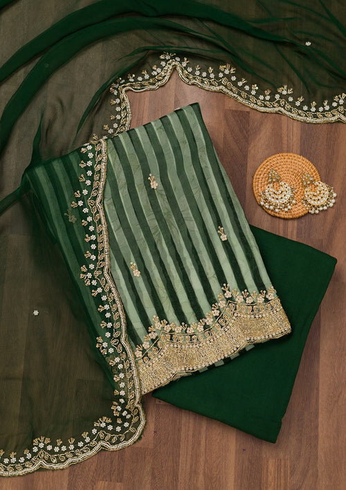 Bottle Green Cutdana Semi Crepe Unstitched Salwar Suit